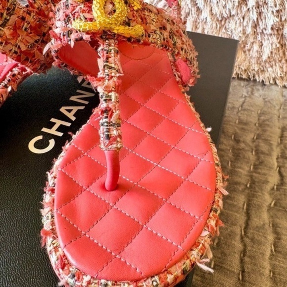 CHANEL Pink Tweed Sandals • Gold CC Logo • Size 37.5 EU • US Size Worn 1X w/ Box - Picture 7 of 15